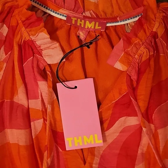 strapless open back dress THML Orange Citrus & Tile Print Puff Sleeve Dress – Deja Nu Tx main image 0